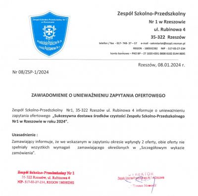 UNIEWAŻNIENIE ZAPYTANIA OFERTOWEGO